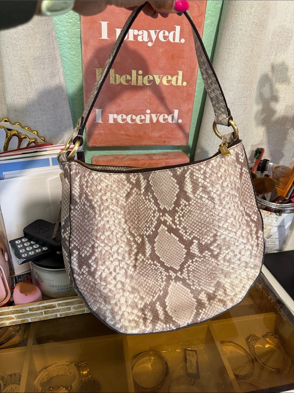Michael Kors Taupe and Cream Snake-Print Shoulder Bag